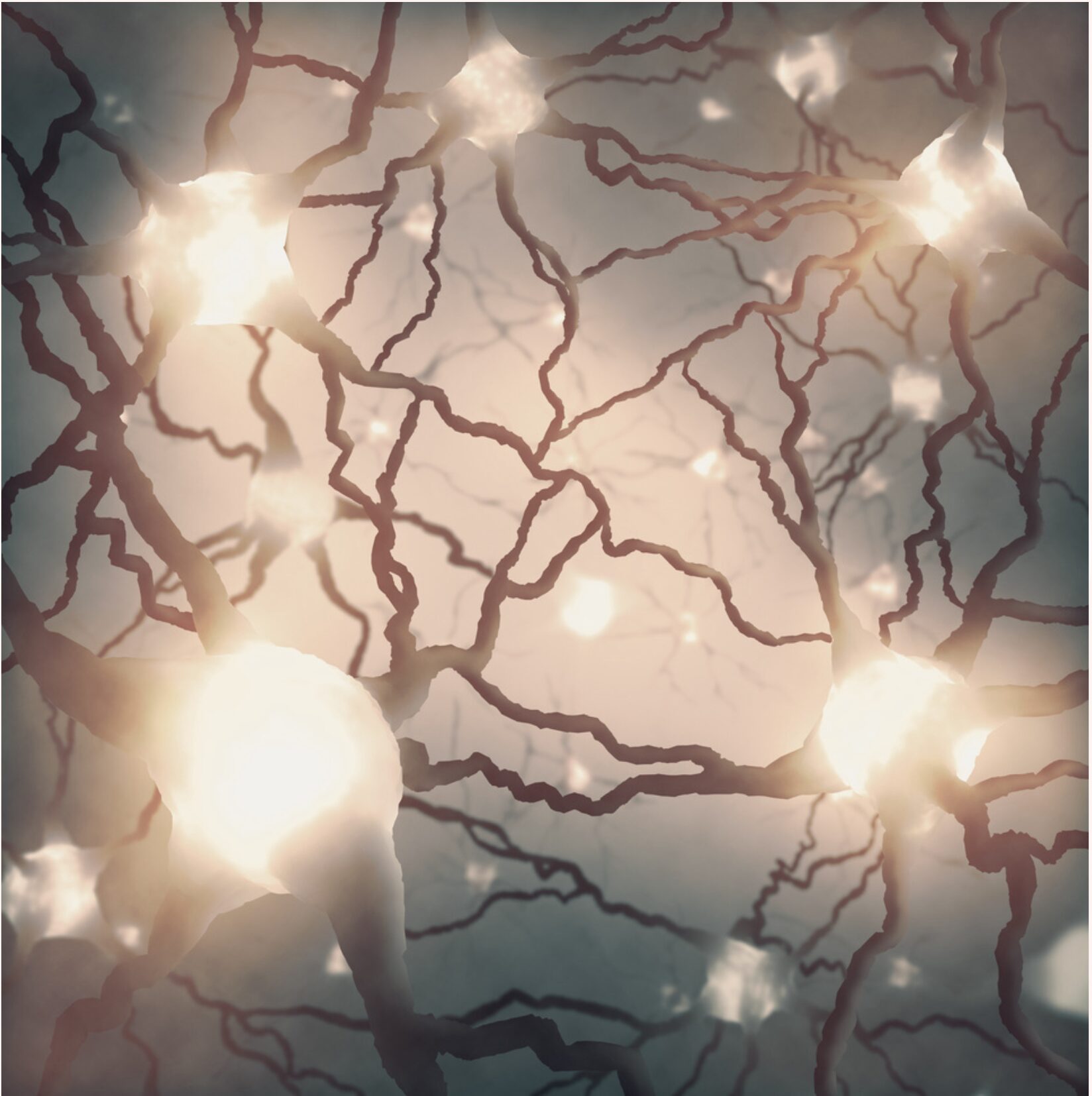 A glowing network of neurons in warm cream tones